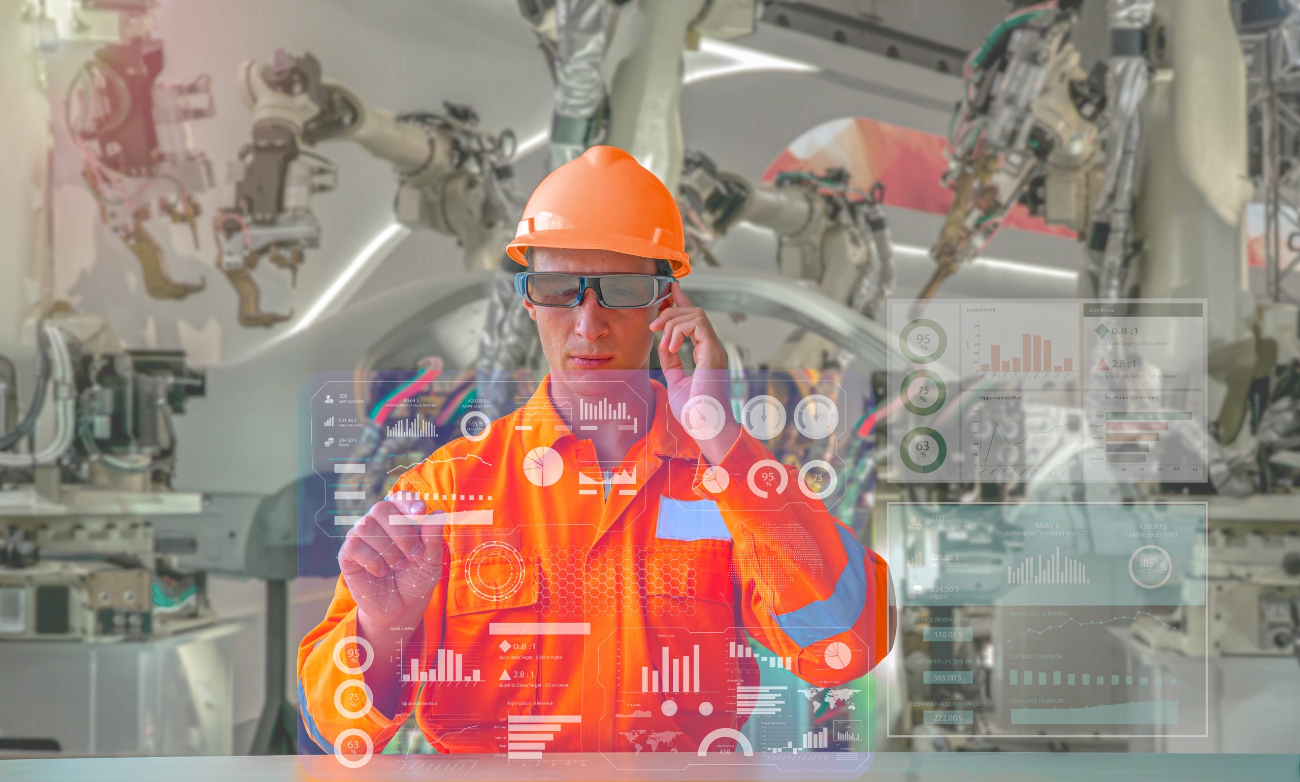 Industrial worker using AR headset to check the measurements of the building equipment