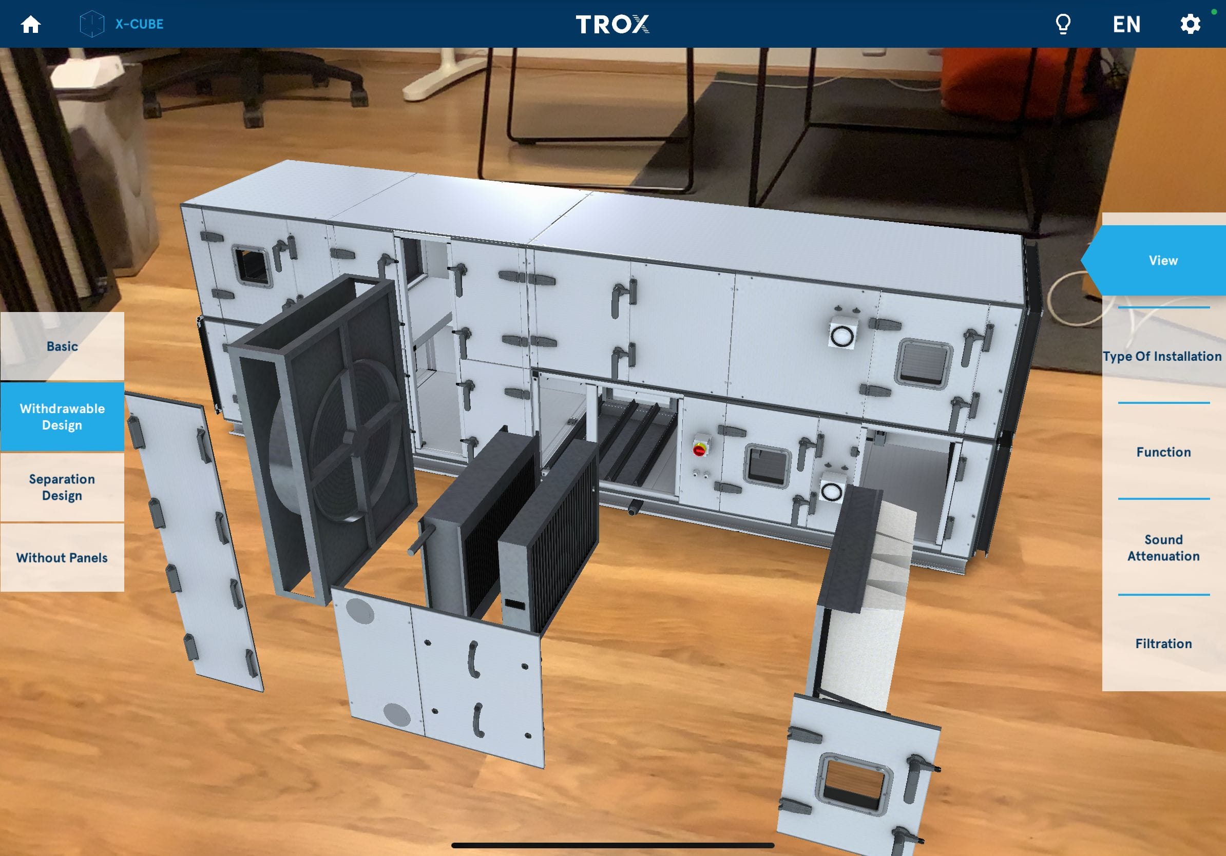 Screenshot of Trox HVAC system application with control panels visible
