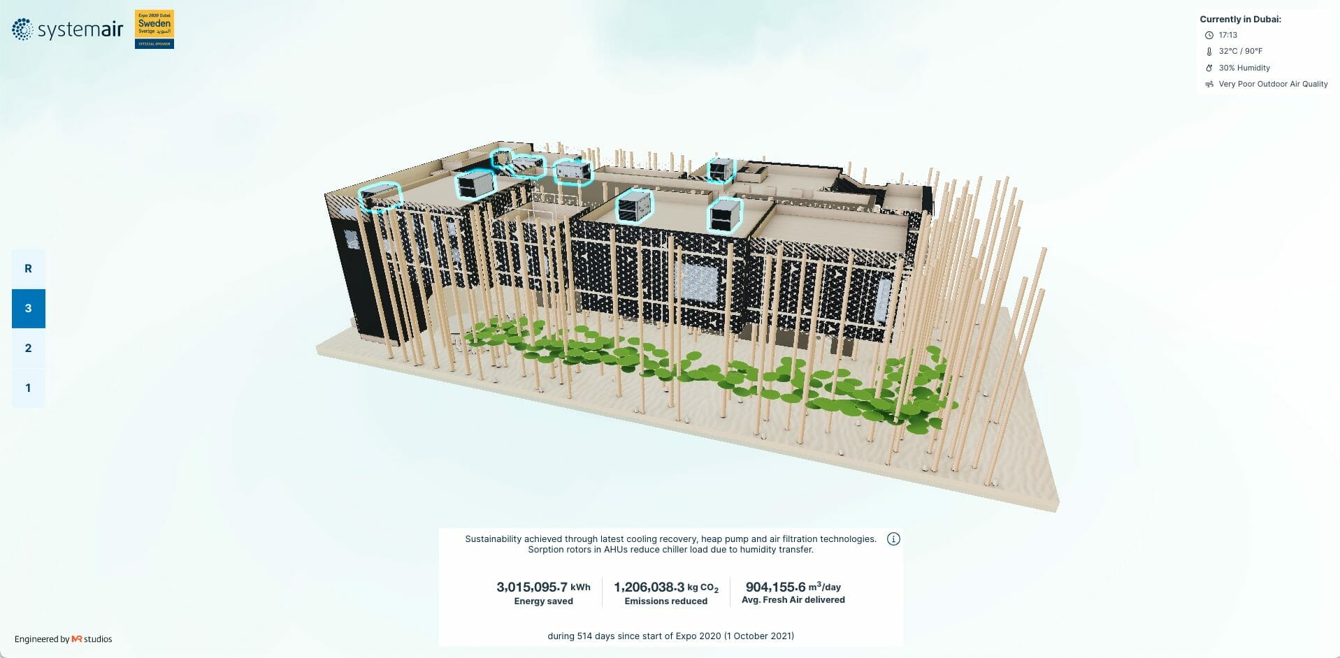 Screenshot of Systemair HVAC systems on a VR application highlighting the power of the systems