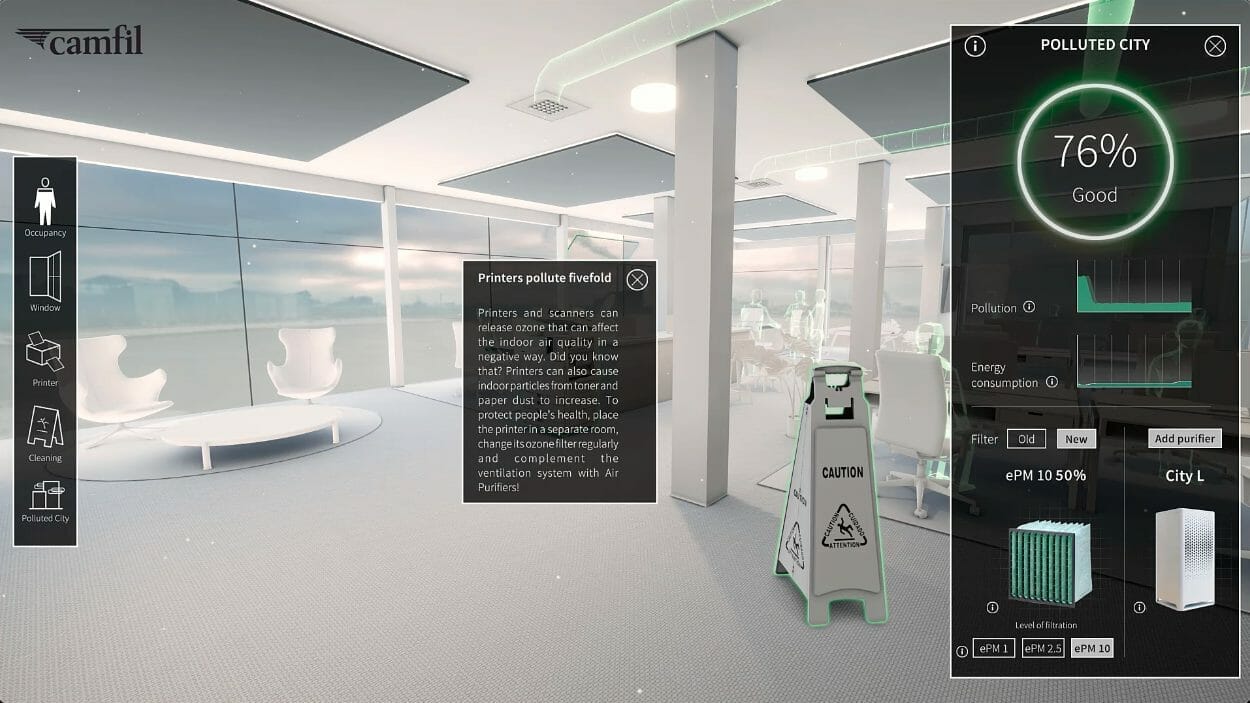 Screenshot Camfil's dynamic room VR application
